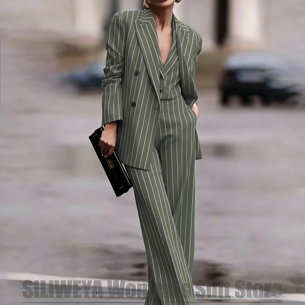 Navy Women's Double Breasted Striped 3 Piece Suits Blazer Vest Wide-Leg Pants Set Fashion Formal Party Office Casual Outfit
