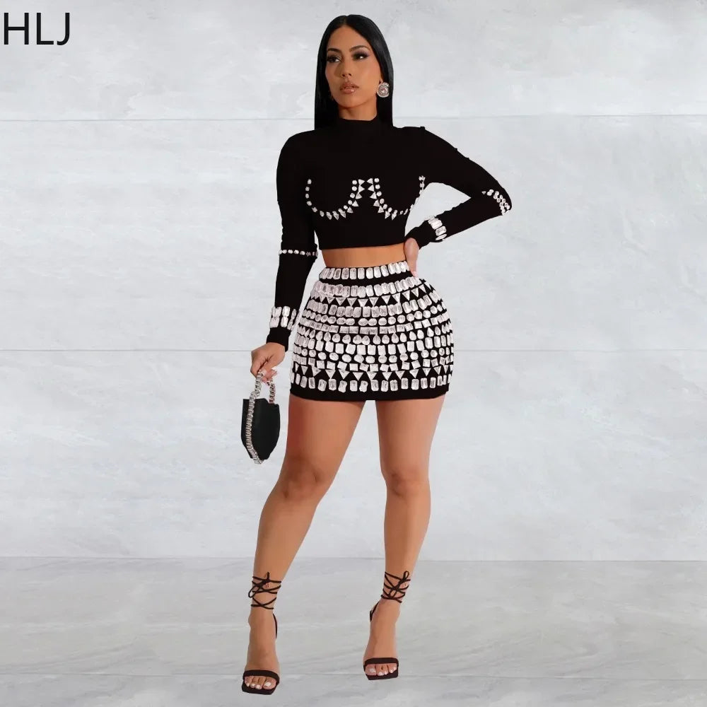 Women's Luxury Rhinestone Mini Skirts Two-Piece Sets Women Round Neck Long Sleeve Crop Top and Skirts Outfit