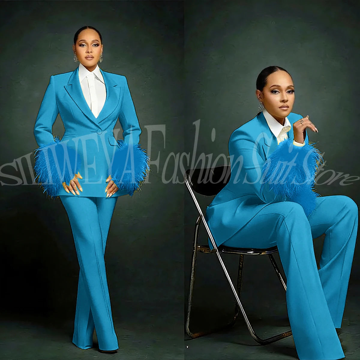 Women's  Luxury Feather Applique Single Breasted 2 Piece Suits