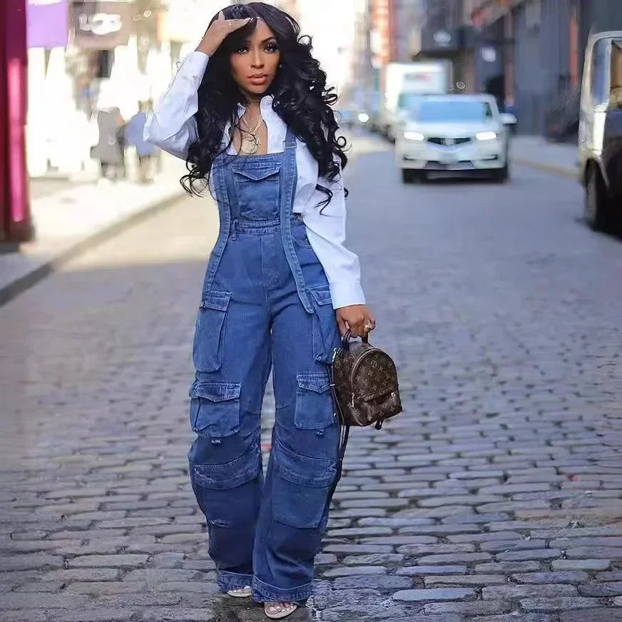 Fashionable Women's Jumpsuits with Adjustable Straps and Pockets, Loose Fit Denim Overalls All Seasons