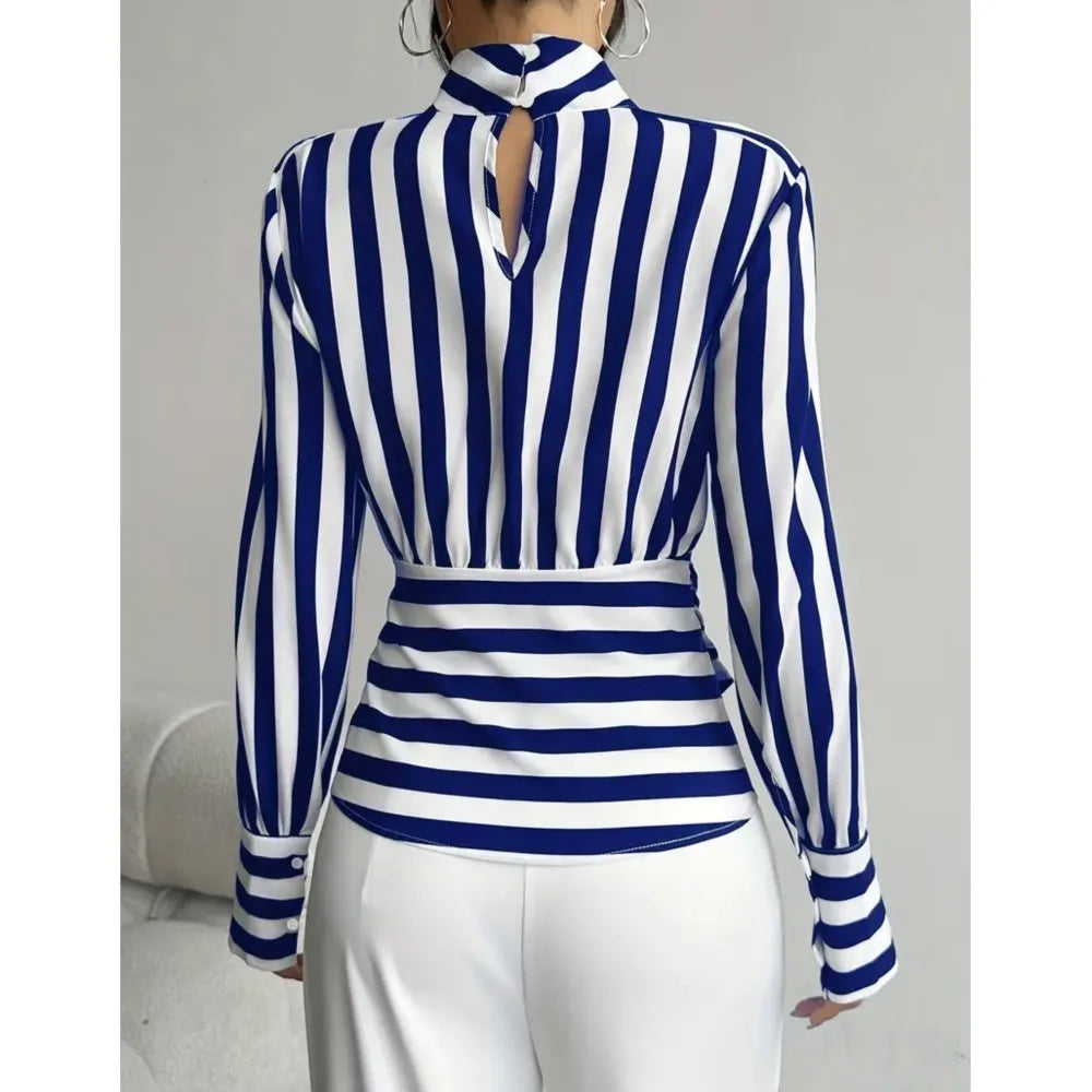 Women's Fashion Trendy  Black White Contrast Striped Shirt Autumn New Retro Scarf Collar Long-sleeved Elegant Female Pullover Shirt
