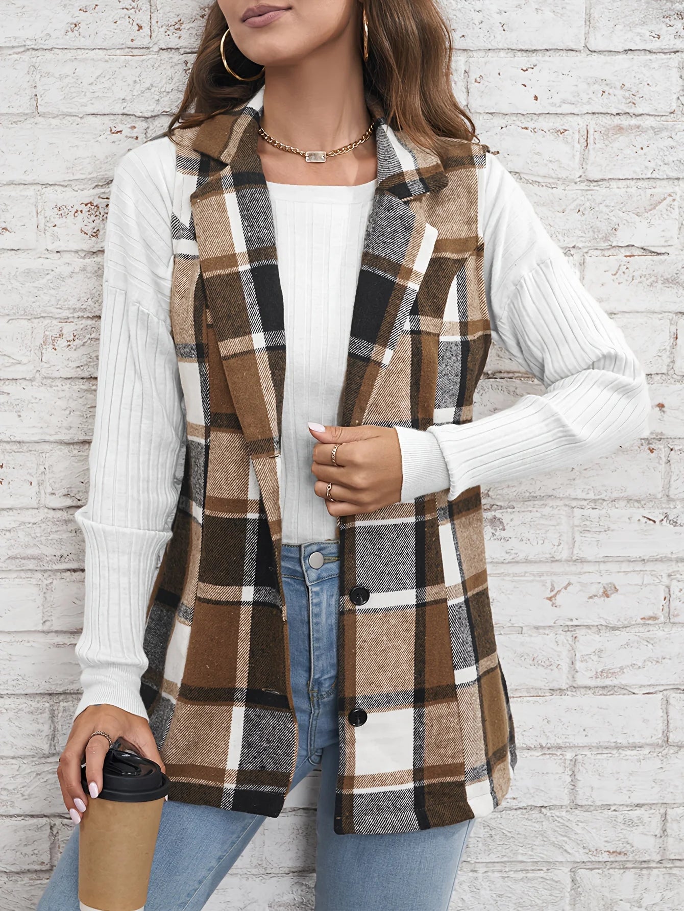 Women's Elegant Single Breasted Multicolored Plaid Spring and Autumn Vests