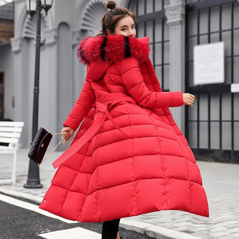 Women's Winter Jacket Warm Fashion Comfortable Bow Belt Fox Fur Collar Clothes Long Thick Coats