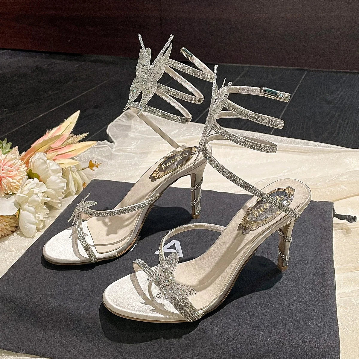 New Summer Luxury Women's Rhinestone Butterfly Silver Apricot Fashion High Heel Sandals Wedding Banquet Dress Bridal Shoes