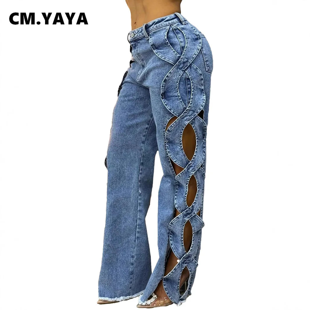 Women's Streetwear Cutout Hollow Out Criss Cross Side Wide Leg Blue Denim Jeans Trousers