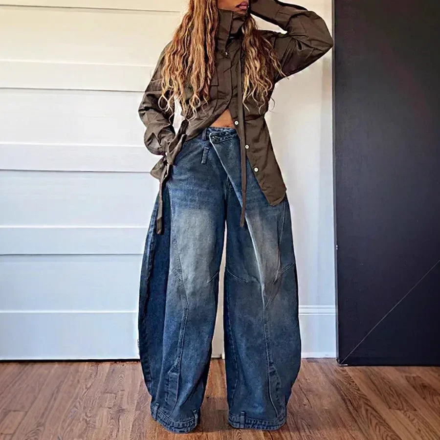 Women's Wide Leg Pants Vintage Denim Jeans Punk Style Loose Trousers Stretch Mid Waist Washed Distressed 2026 Mom Streetwear