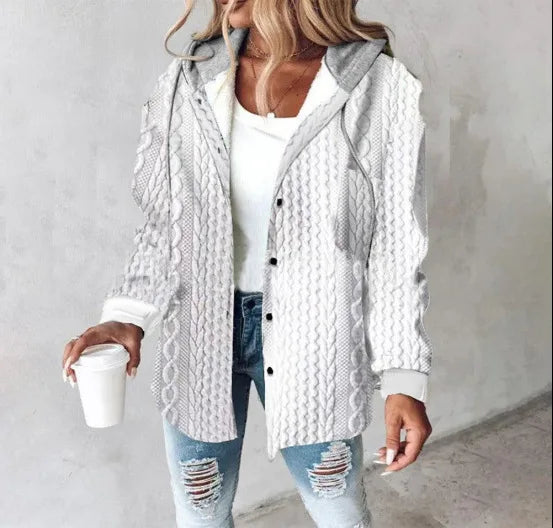 Women's Autumn Large Plaid Style Hooded Jacket With  Casual Loose Black White Plaid Coat Button Fall Top