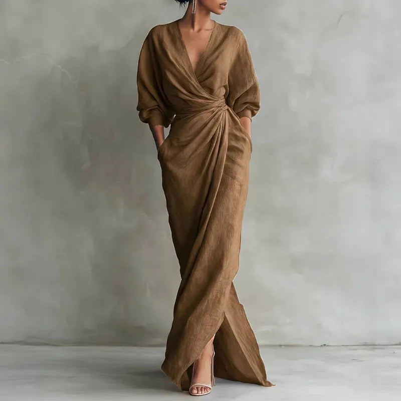 Women's V Neck Wrap Waist Long Dresses Spring Casual Solid Slim Bodycon Hips Dress Elegant Long Sleeve Slit Maxi Dress