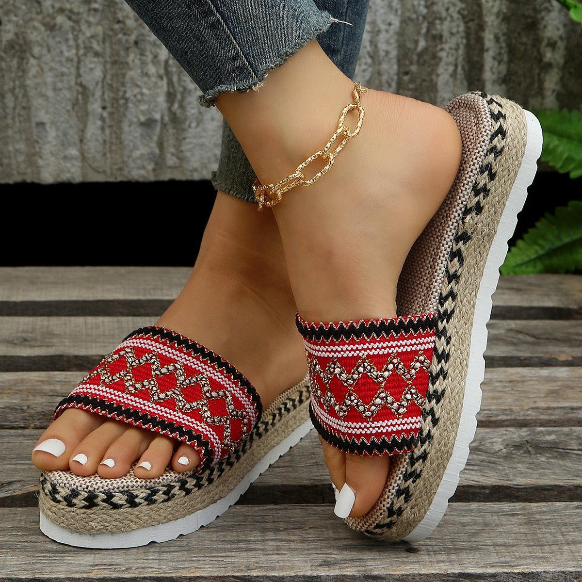 Women New Casual Summer Weave Slippers Heeled Bohemian Handmade Sandals