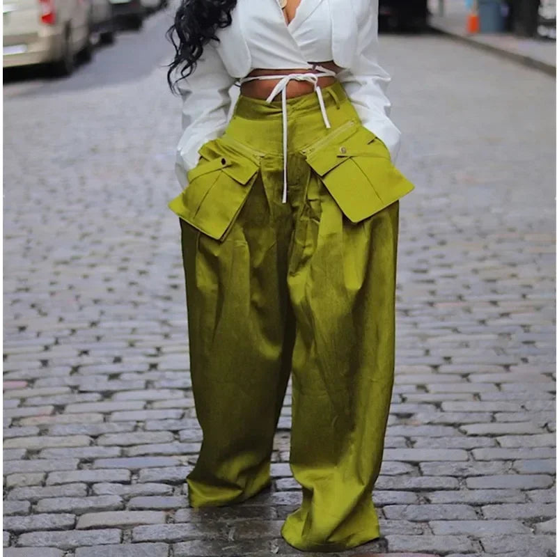 Women Fashion Streetwear High Waist Removable Pockets Wide Leg Pants Summer Trousers