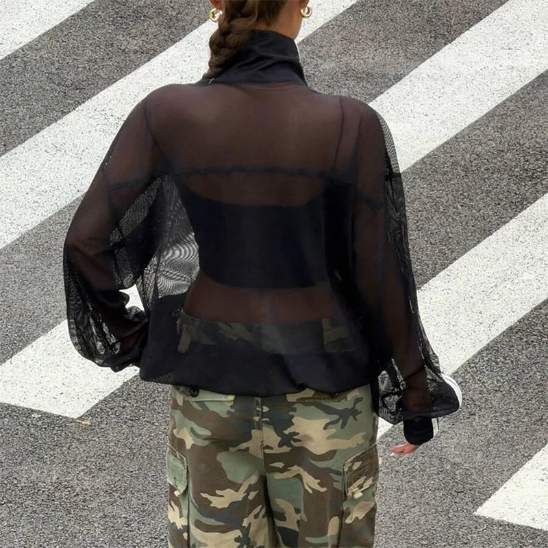 Women's Y2K Streetwear Style Sheer Mesh Jacket Stand Collar Long Sleeve Loose Side Stripe Frog Button Jacket