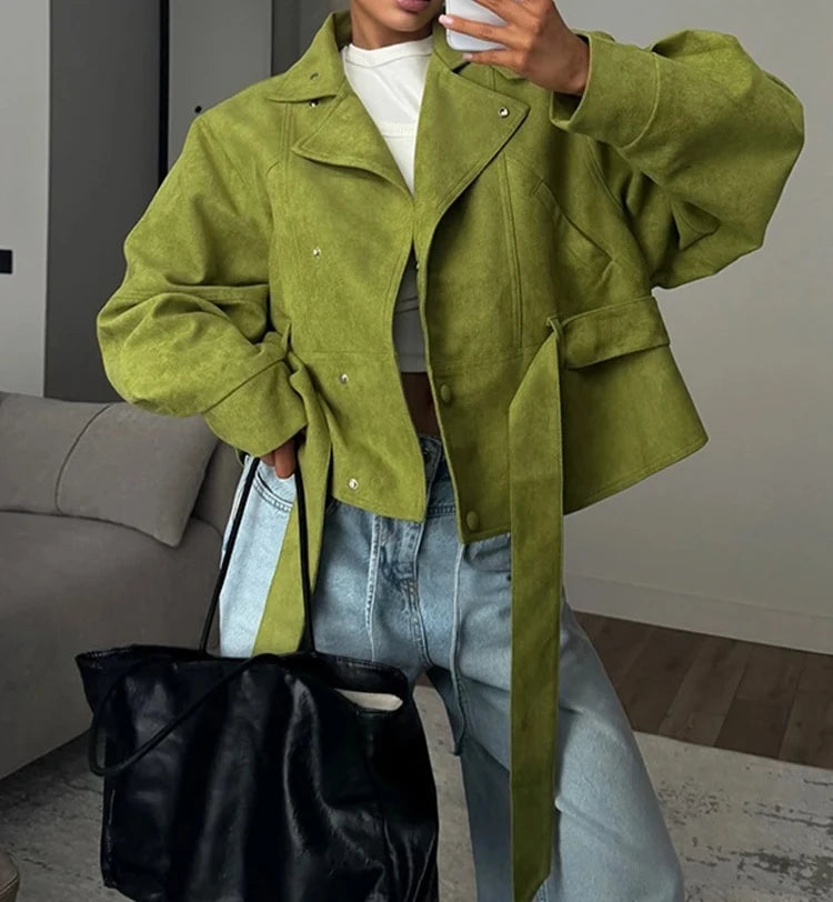 New Women's Green Oversized Jacket Stand Collar Belted Waist Puff Sleeve Short Coat Casual Streetwear