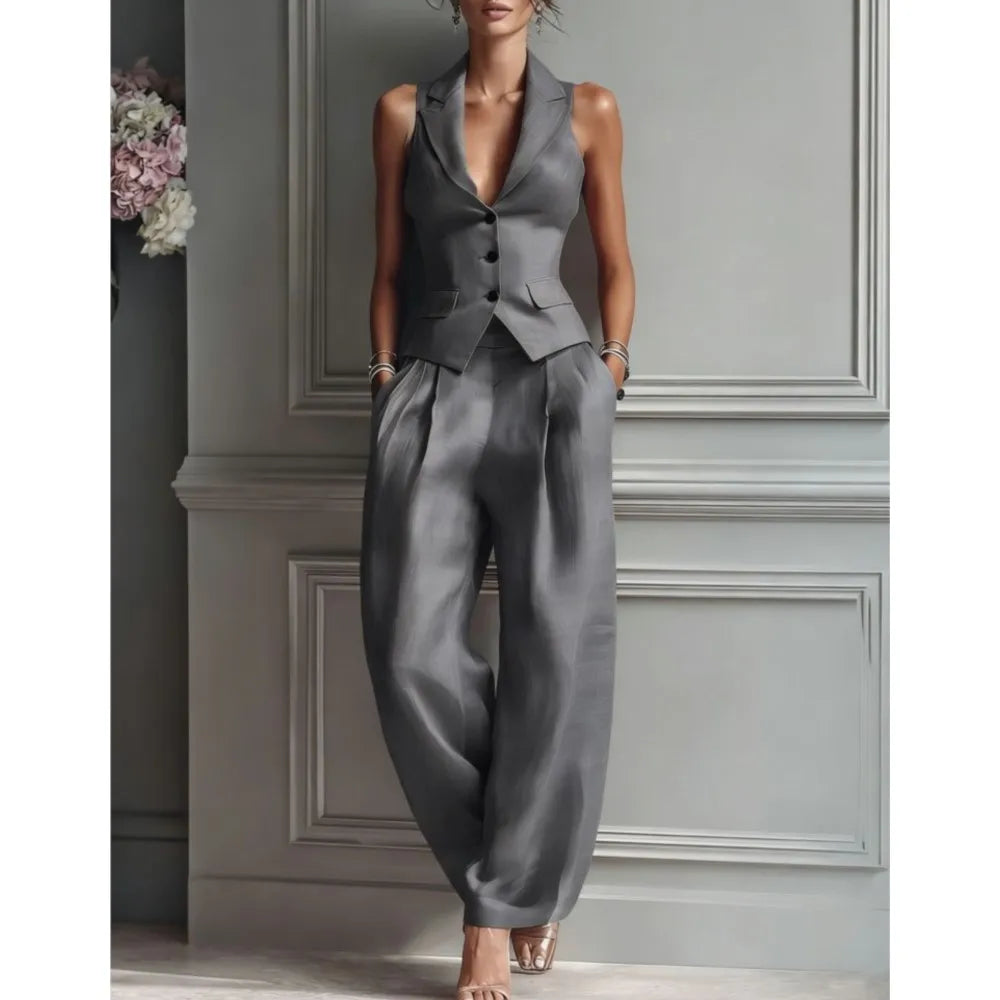 Women's Summer New Fashion Single-breasted Sleeveless Top + Trousers 2-piece Set Women's 2026 Slim Vest Suit Collar Trousers Office Suit