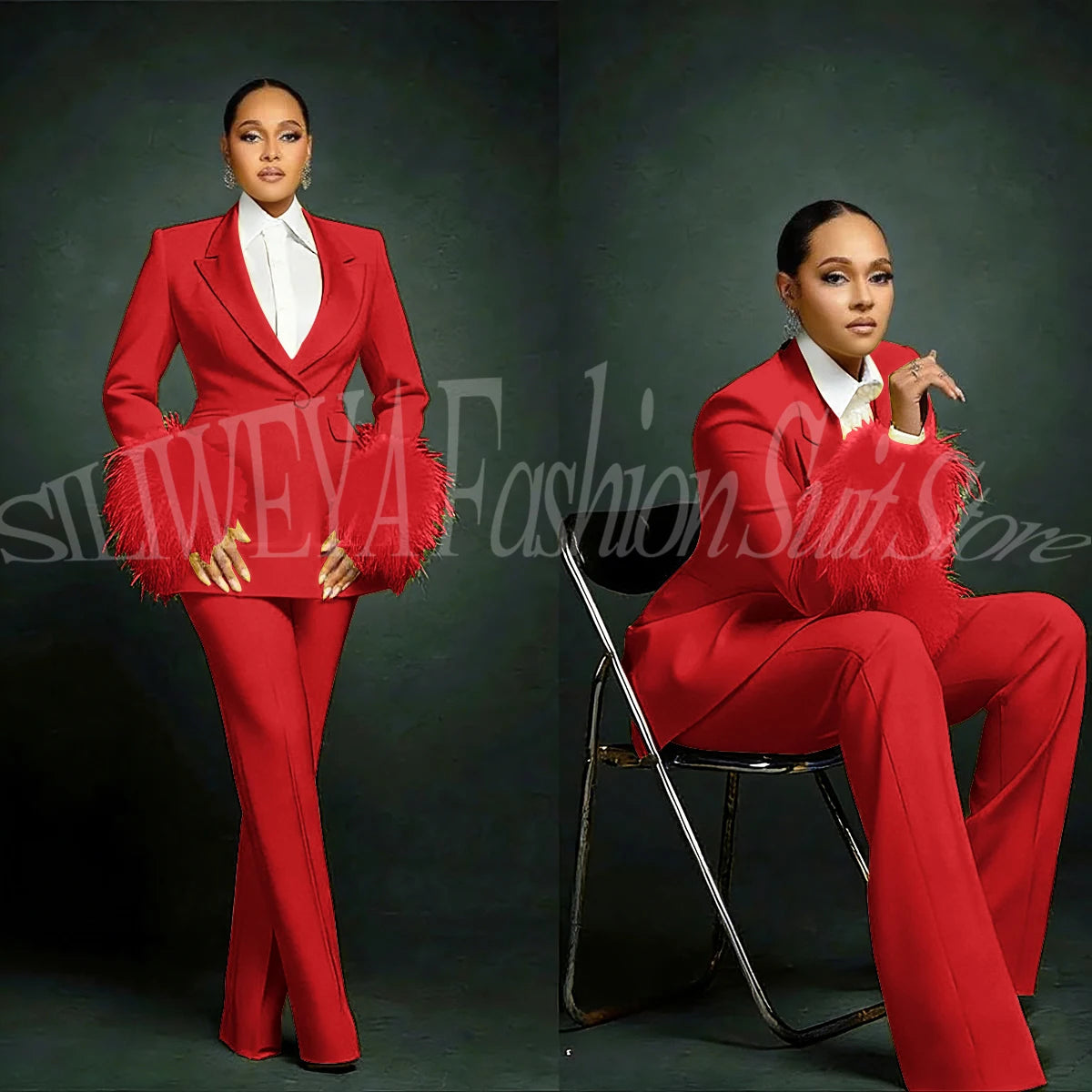 Women's  Luxury Feather Applique Single Breasted 2 Piece Suits