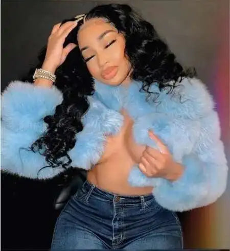 DEAT Fashion Women's Faux Fur Coats Neck Long Sleeve Zipper Short Solid Color Thick Warm Jackets Winter 2024 New 7AB6434