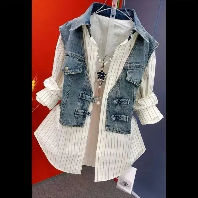 Women's New Fashion Design Sense Striped Denim Jackets Shirt New Cowboy Splicing Shirt Coat