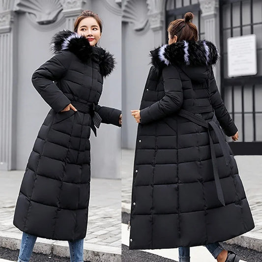 Women's Winter Jacket Warm Fashion Comfortable Bow Belt Fox Fur Collar Clothes Long Thick Coats