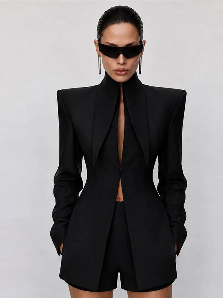 Women's Solid Color Shorts 2 Piece Set Full Sleeves Waist-cinching Shoulder Pad Tops Short Pants 2026 New Ladies Office Outfit