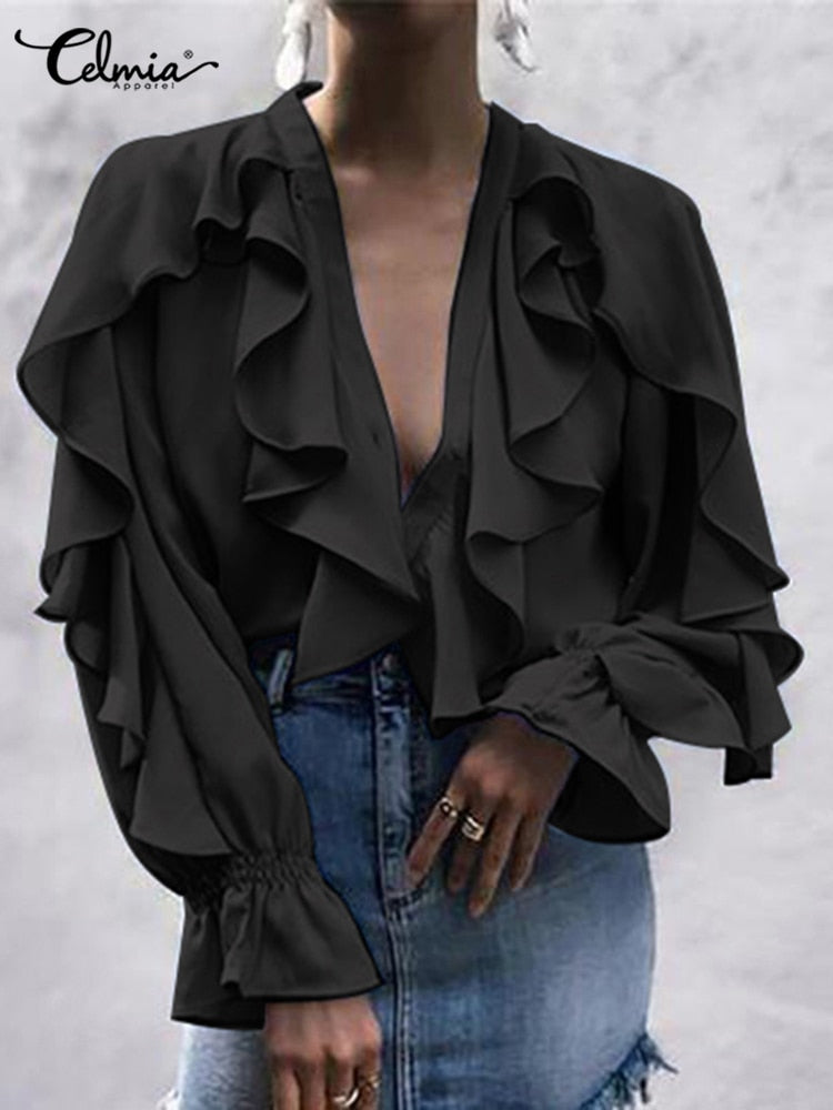 Women Elegant Ruffles Fashion Blouses V neck Tops Long Sleeve Flare Cuff Fashion Blouses