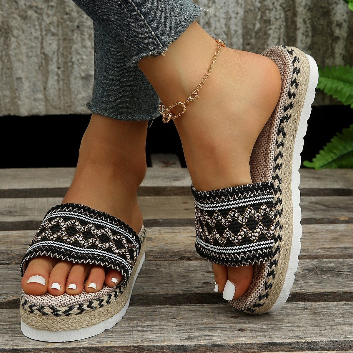 Women New Casual Summer Weave Slippers Heeled Bohemian Handmade Sandals