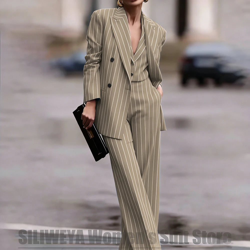 Navy Women's Double Breasted Striped 3 Piece Suits Blazer Vest Wide-Leg Pants Set Fashion Formal Party Office Casual Outfit