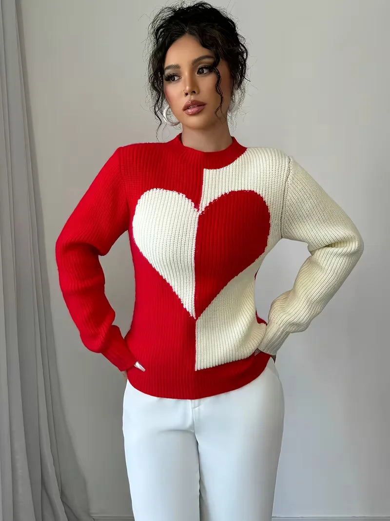 Women's Color-Block Heart Pattern Knitted Pullover for Autumn and Winter, Round Neck, Long-Sleeve, Casual and Versatile