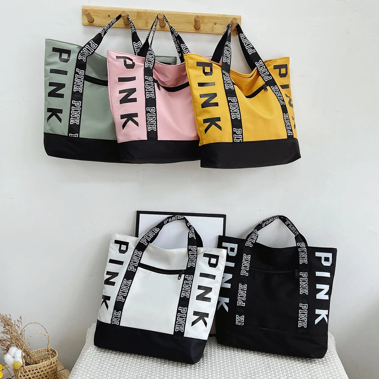 Woman Pink Letter Graphic Tote Casual Shoulder Handbags Bags Sports Fitness Tote Bag Nylon Fabric Bags Women Handbag