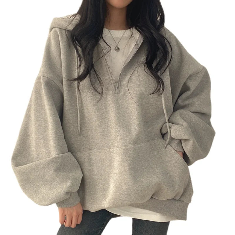 Women's Casual Long Sleeve Pockets Hoodies Loose Oversized Solid Color Half Zip Up Sweatshirt