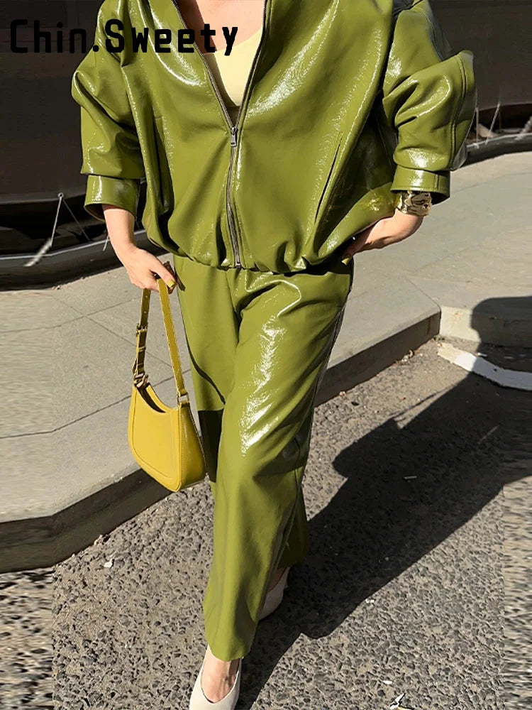 Women's Vintage Green Leather Jacket Skirt Set Full Sleeve Zipper Locomotive Coat Hip Package Long Skirts Autumn Outfits