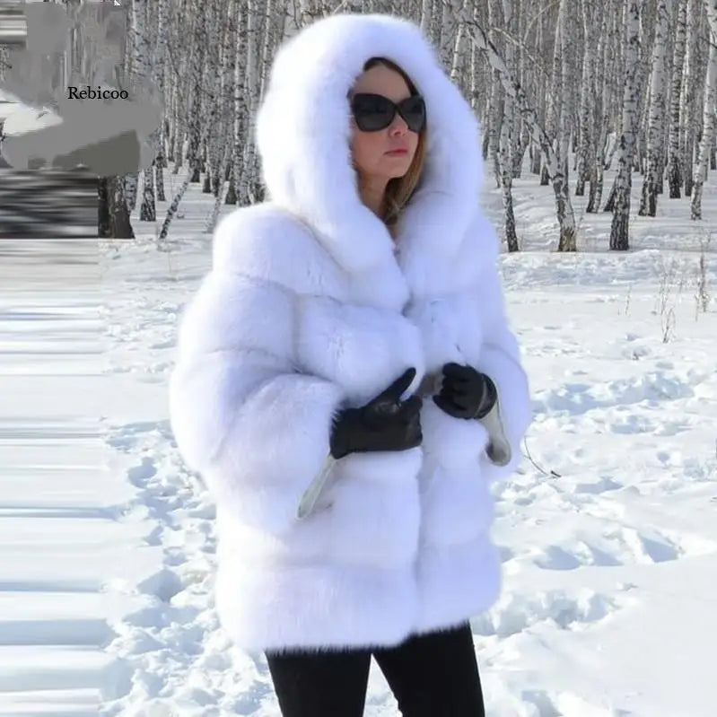 Women's Winter Fashion Hooded Fox Fur Jackets Loose Long Sleeves Female Eco Fur Coat Patchwork Plush Thick Lady Fur Coat