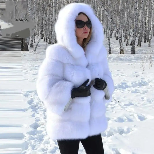 Women's Winter Fashion Hooded Fox Fur Jackets Loose Long Sleeves Female Eco Fur Coat Patchwork Plush Thick Lady Fur Coat