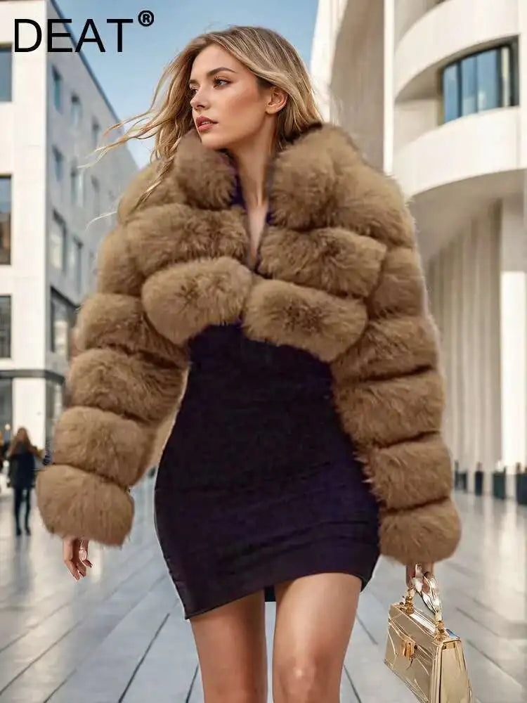 DEAT Fashion Women's Faux Fur Coats Neck Long Sleeve Zipper Short Solid Color Thick Warm Jackets Winter 2024 New 7AB6434