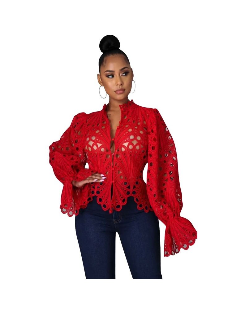 Women Casual Lantern Long Sleeve Stand Collar Shirts Sexy Lace Hollow Out Short Blouse