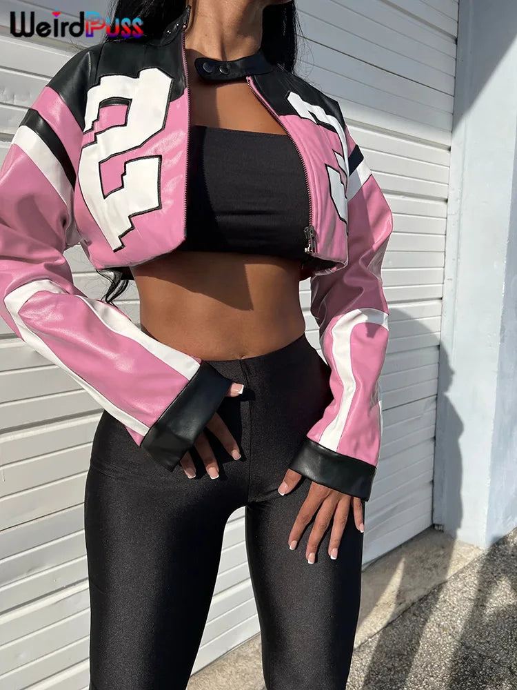 Women's Casual Faux Leather Varsity Jacket Hipster Letter Print Autumn Sporty Wild Streetwear Trend Crop Coat