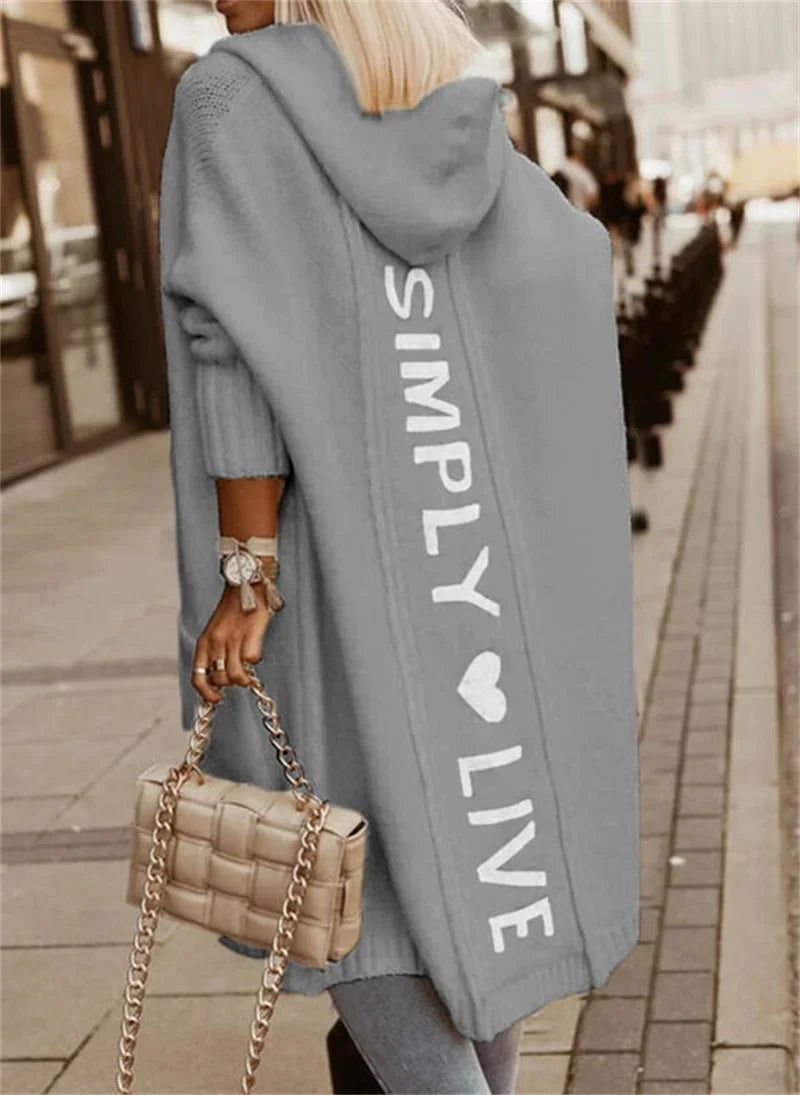 Women Autumn Long Hooded Cardigan Sweater Solid Color Back Alphabet Jumpers Warm Woven Tops
