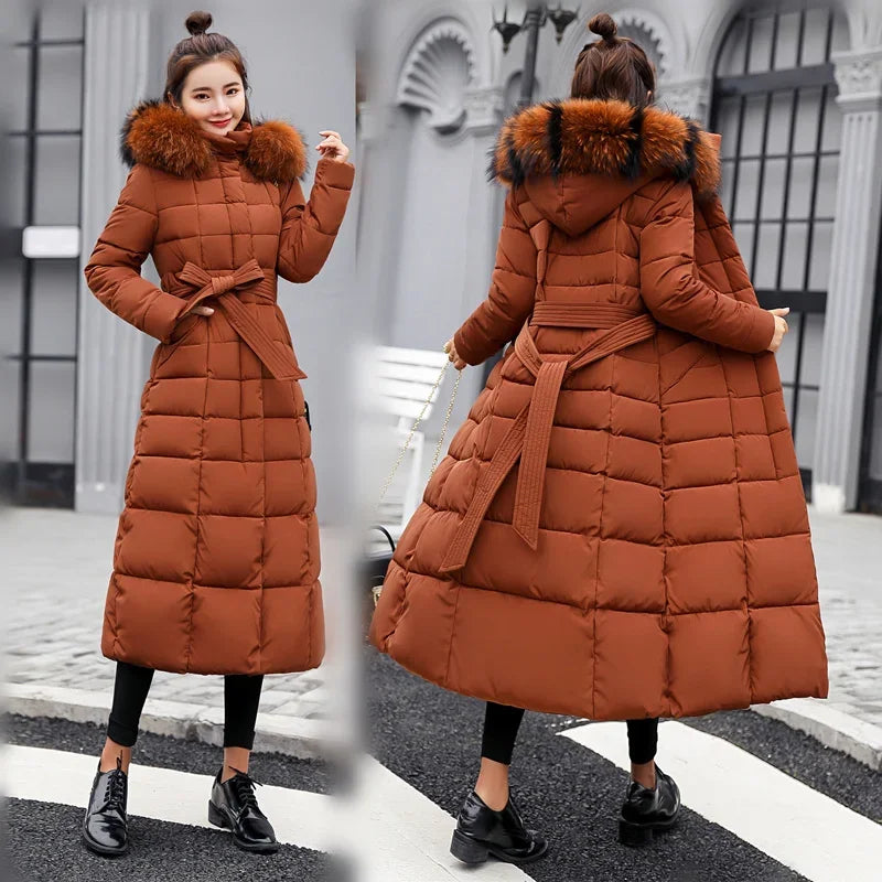 Women's Winter Jacket Warm Fashion Comfortable Bow Belt Fox Fur Collar Clothes Long Thick Coats