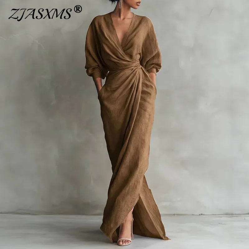 Women's V Neck Wrap Waist Long Dresses Spring Casual Solid Slim Bodycon Hips Dress Elegant Long Sleeve Slit Maxi Dress