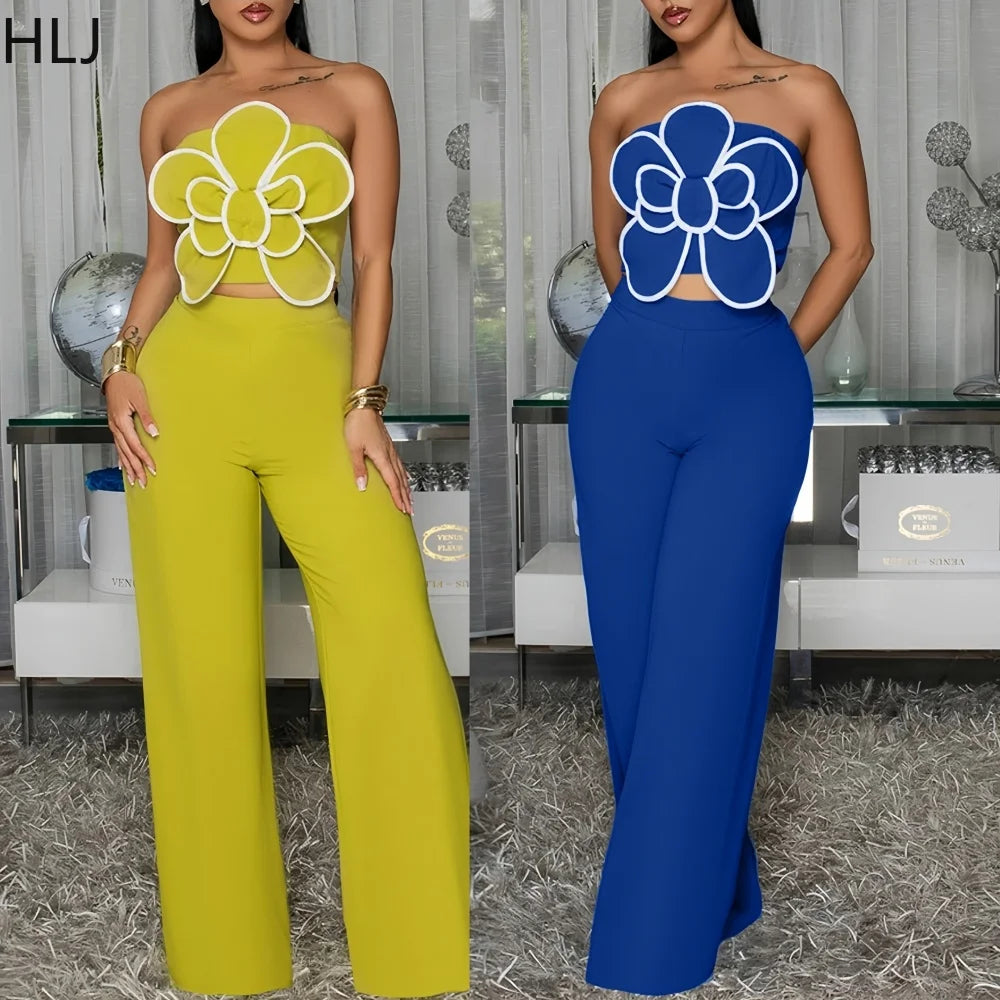 Women's New Arrival Solid Color Contrast Piping 3D Floral Bandeau Crop Top + High Waist Wide Leg Pants Matching Sets