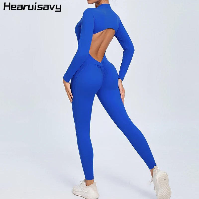 Women's Back Sports Jumpsuit Yoga Clothes Rompers Women Long Sleeve Workout Backless One-piece Suit Female