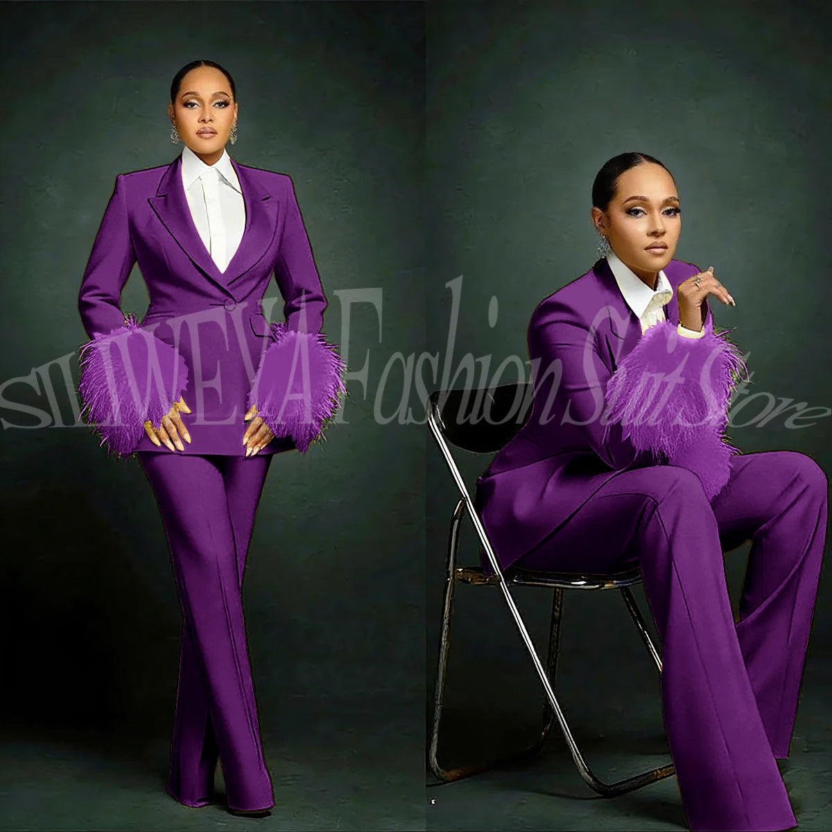 Women's  Luxury Feather Applique Single Breasted 2 Piece Suits
