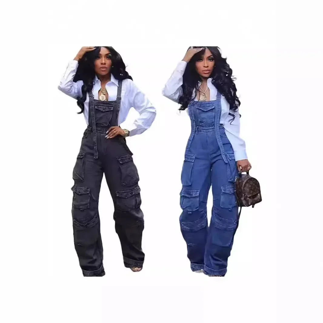 Fashionable Women's Jumpsuits with Adjustable Straps and Pockets, Loose Fit Denim Overalls All Seasons