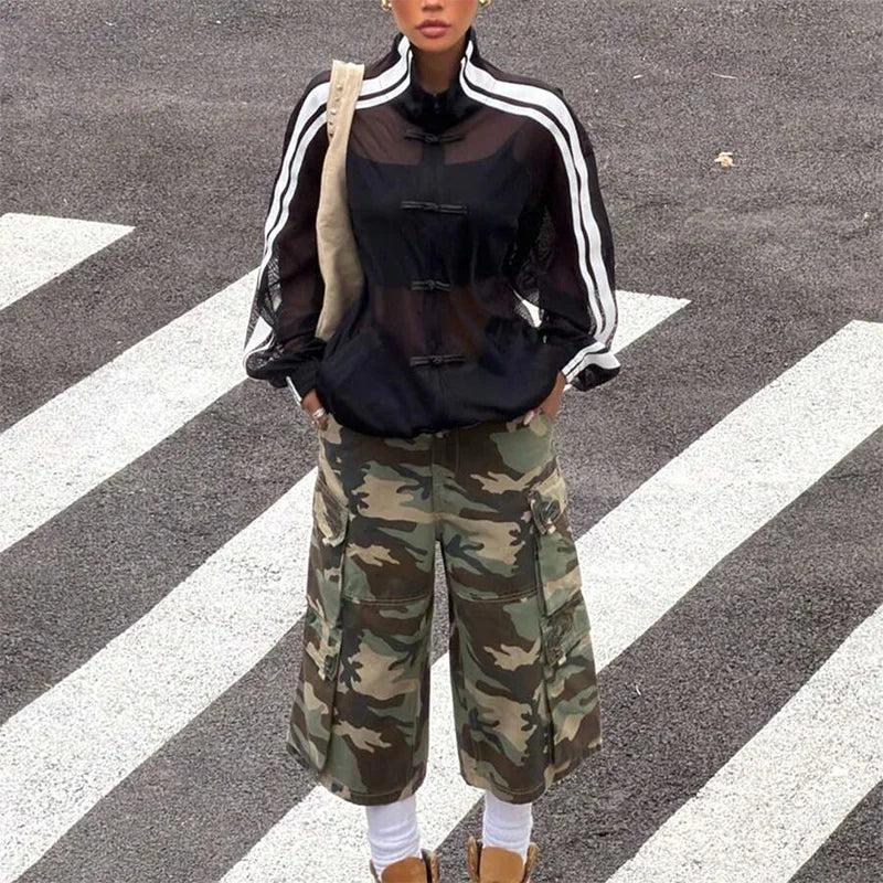 Women's Y2K Streetwear Style Sheer Mesh Jacket Stand Collar Long Sleeve Loose Side Stripe Frog Button Jacket