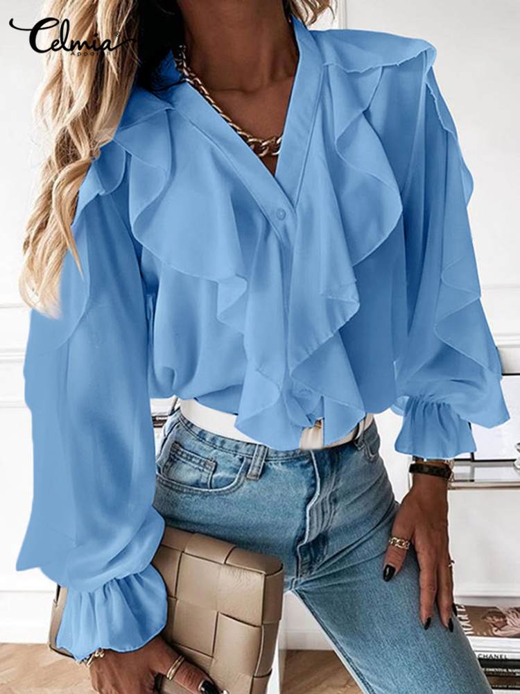 Women Elegant Ruffles Fashion Blouses V neck Tops Long Sleeve Flare Cuff Fashion Blouses