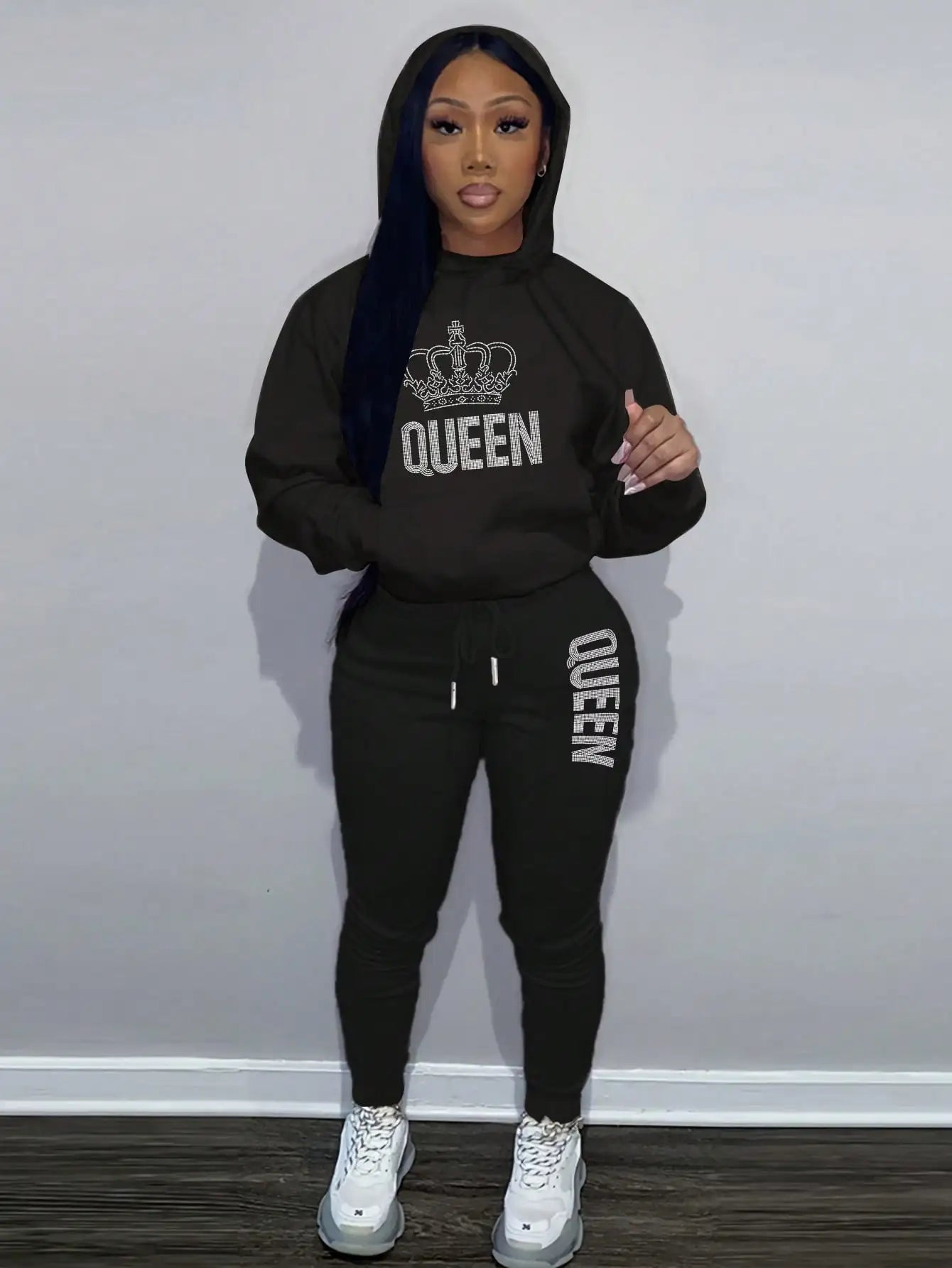 Queen's Big Crown Printed Hoodie Sets for women Street Hip Hop Clothing Casual Female 2pcs Clothing Plush sweatshirt Y2K Youthful