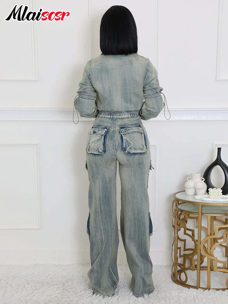 Women's Vintage Stretch Denim 2 Piece Pants Sets Zip Jackets and Pocket Cargo Jeans Outfit Streetwear Winter Suits