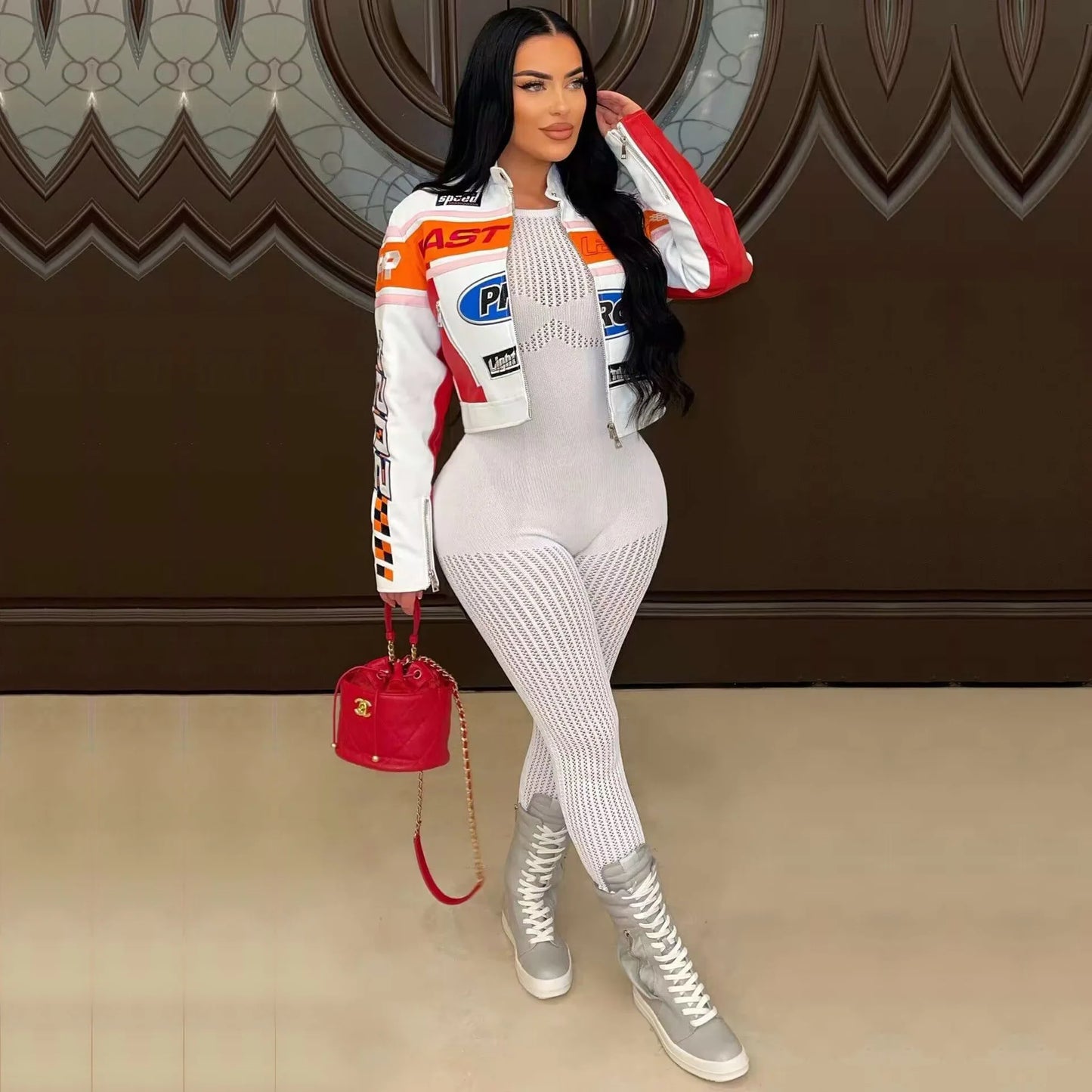 Women's Printed Cyber Racer Jackets Fashion Baseball Coats Y2K Streetwear Winter Fall Clothing Graphic Top Jackets Crop Coats