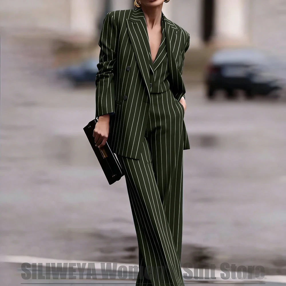 Navy Women's Double Breasted Striped 3 Piece Suits Blazer Vest Wide-Leg Pants Set Fashion Formal Party Office Casual Outfit