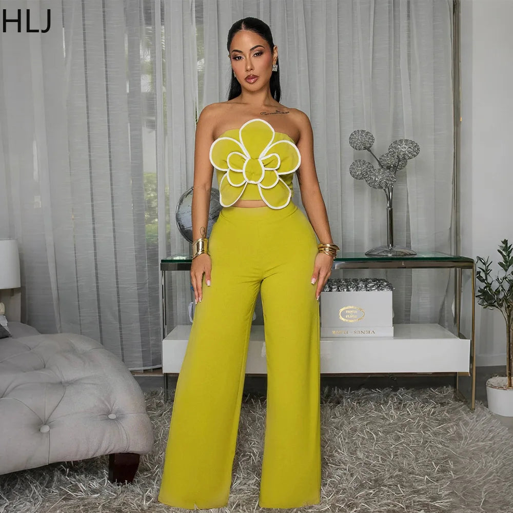 Women's New Arrival Solid Color Contrast Piping 3D Floral Bandeau Crop Top + High Waist Wide Leg Pants Matching Sets
