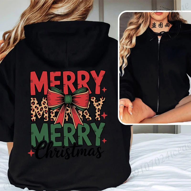Women Men Oversize Merry Christmas Reindeer Print Zipper Hoodies Coat Tops Femme Zip Sweatshirts Christmas Party Jackets