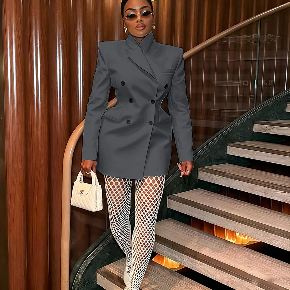Women's Elegant White Oversized Jacket Double Breasted Blazer Dress Elegant Formal Long 1 Piece Suit for Evening Party